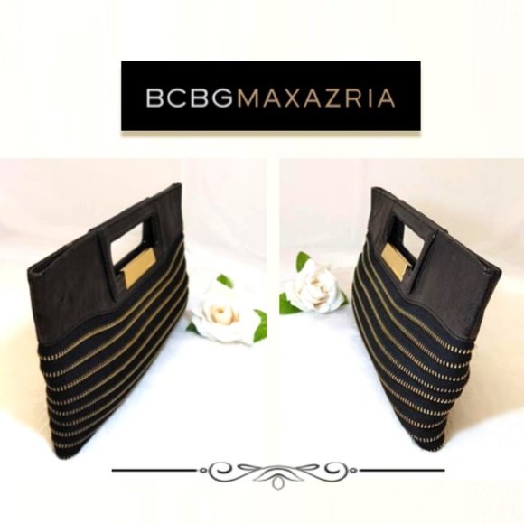 BCBGMaxAzria Brown Black Clutch Genuine Leather Trim Elegant Gold Zipper Design - Picture 4 of 11